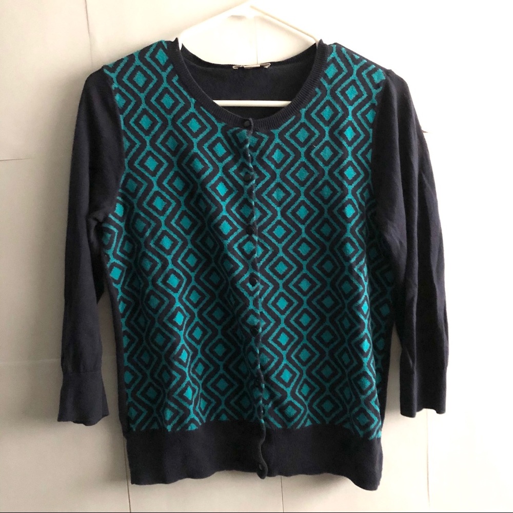 LOFT Blue Long Sleeve Argyle Button Cardigan M